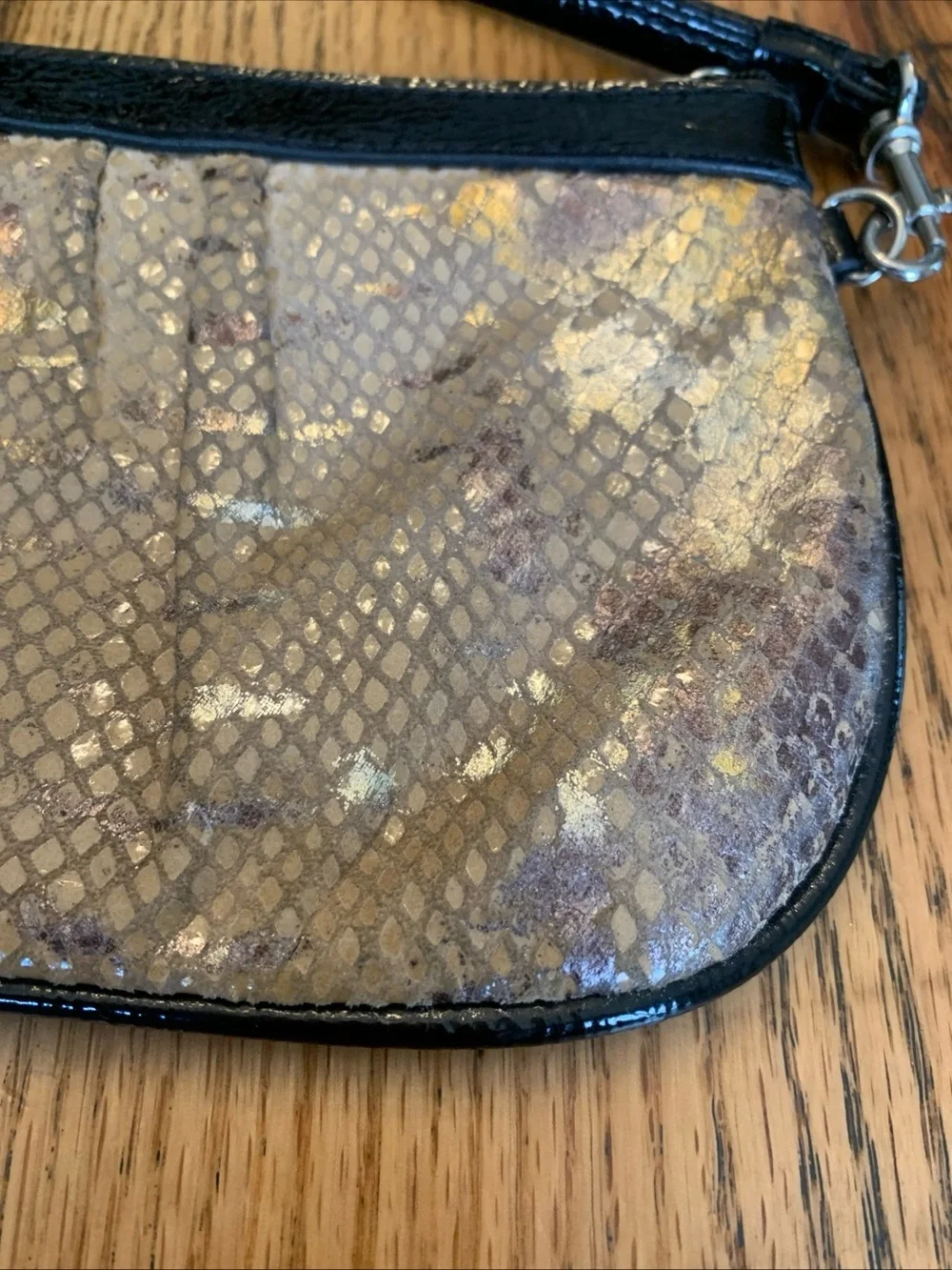 Wilson's Leather Zip Bag Pouch Wristlet Snakeskin Beige Black Gold Copper Foil